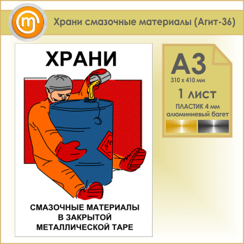 Плакат «Храни смазочные материалы» (Агит-36, пластик 4 мм, алюминиевый багет, А3, 1 лист)